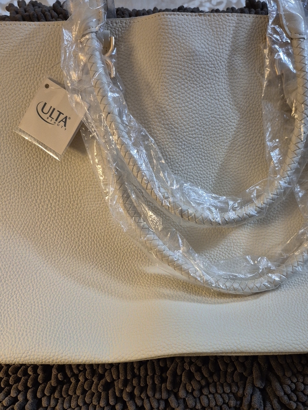 ULTA Beauty White Pebbled Faux Leather Tote Bag Braided Handles NewDescription: